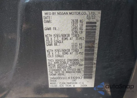 2012 Nissan Frontier Sl from USA, damaged, VIN 1N6AD0EV1CC436997